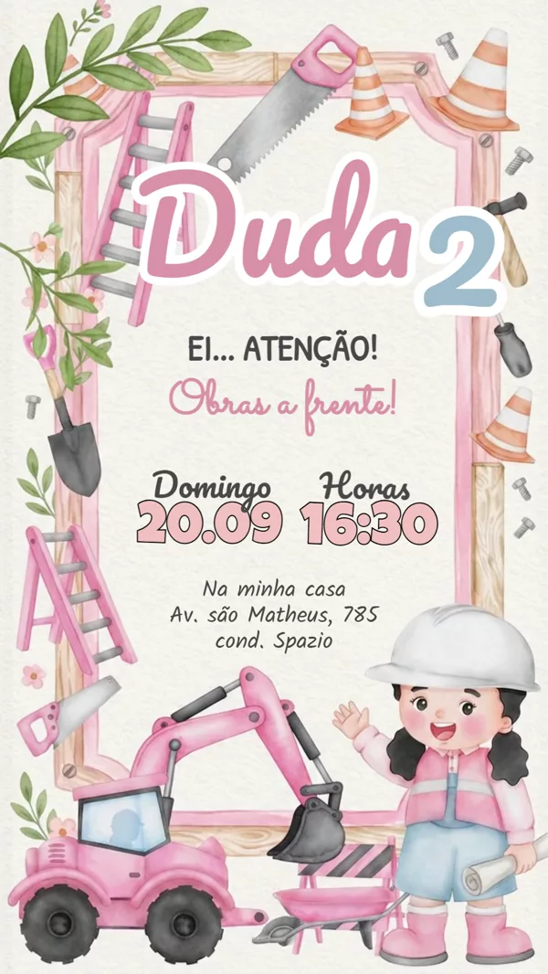 Convite Animado Aniversário Construção Rosa Para Editar Online
