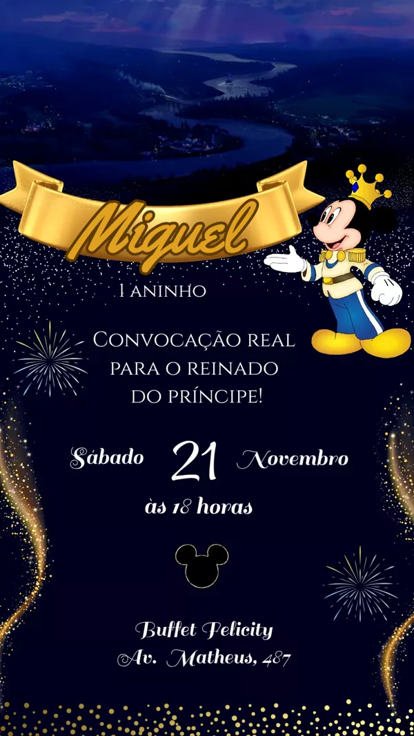 Convite Animado Aniversário Mickey Príncipe Azul e Para Editar Online