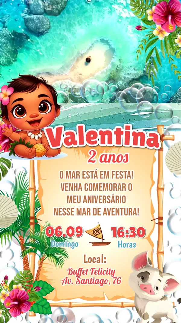 Convite Animado Aniversário Moana Baby Praia Para Editar Online