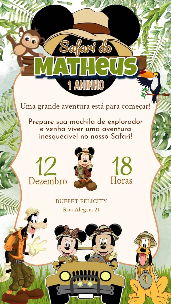 Convite Aniversário Safari do Mickey Para Editar Online