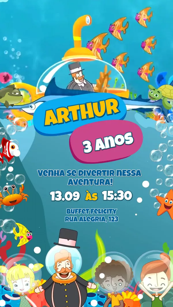 Convite Animado Aniversário Bita Fundo do Mar Para Editar Online