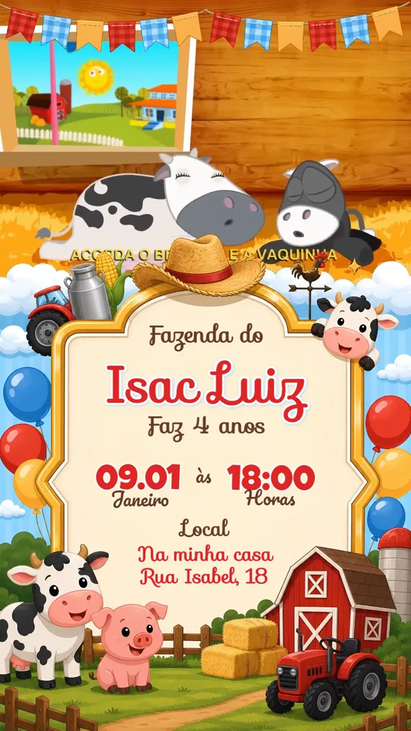 Convite Animado Aniversário Fazendinha Celeiro Para Editar Online