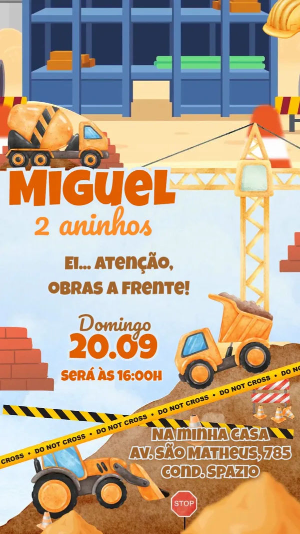 Convite Animado Aniversário Construção Caminhões Para Editar Online