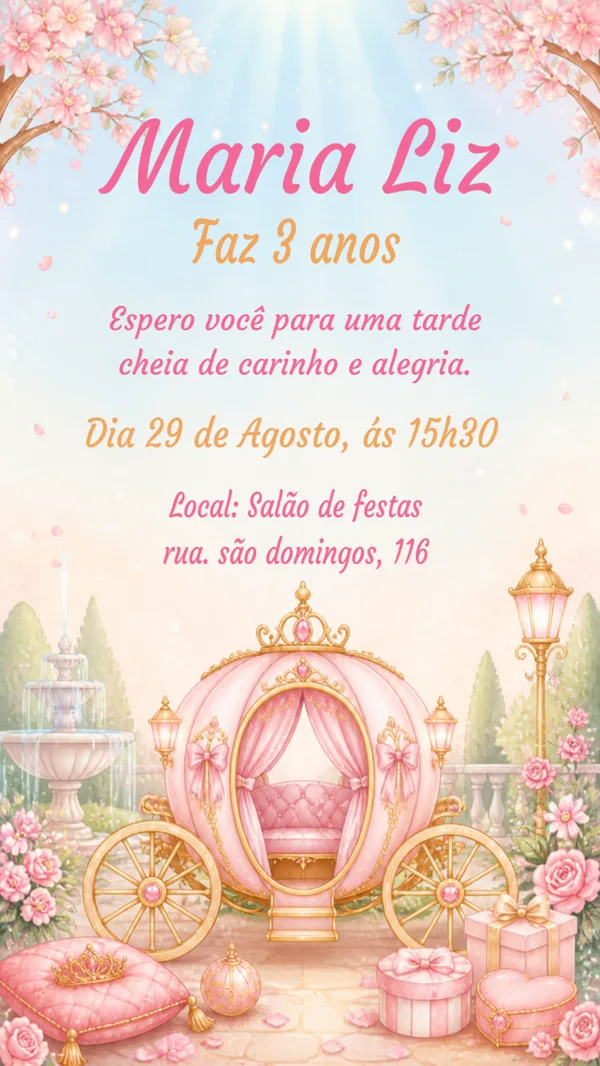 Convite Aniversário Princesa Carruagem Rosa Para Editar Online