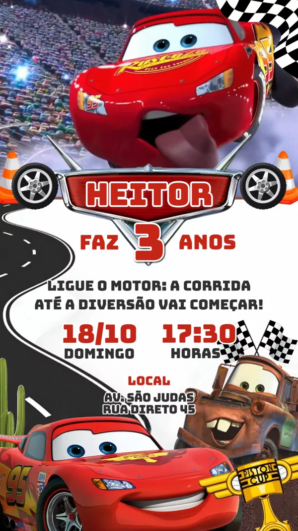 Convite Animado Aniversário Relâmpago Mcqueen Para Editar Online