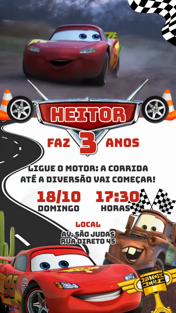 Convite Animado Aniversário Relâmpago Mcqueen Para Editar Online