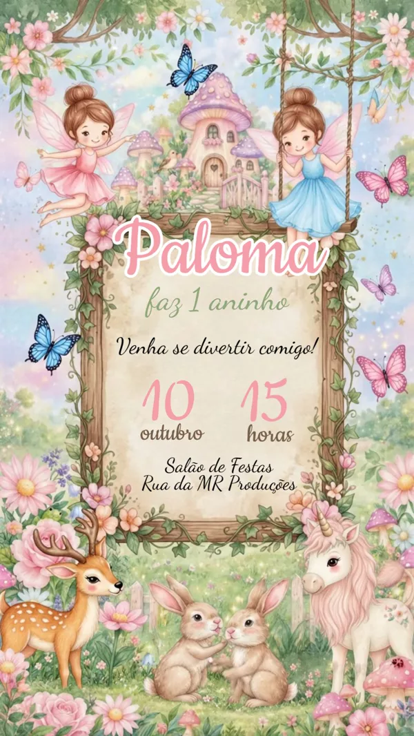 Convite Animado Aniversário Jardim das Floresta Para Editar Online
