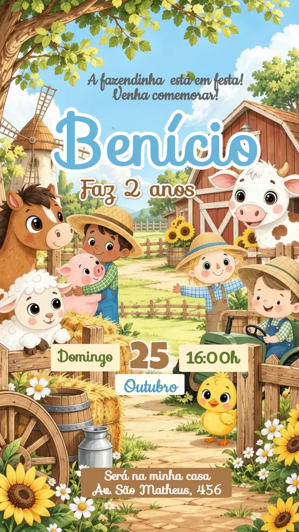 Convite Animado Aniversário Fazendinha Trator Para Editar Online
