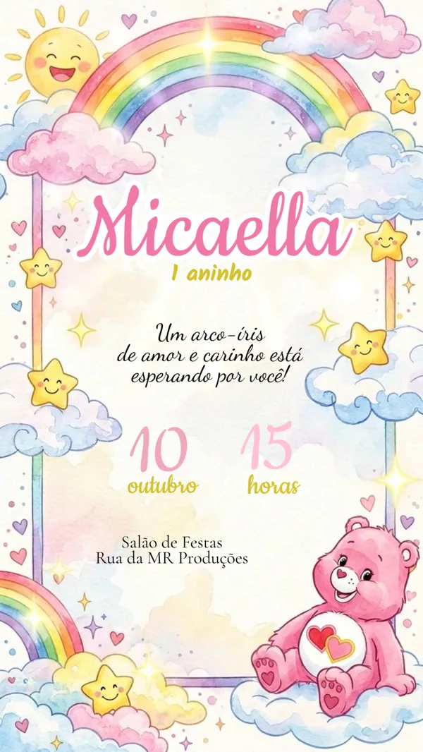 Convite Animado Aniversário Ursinho Carinhoso Rosa Para Editar Online