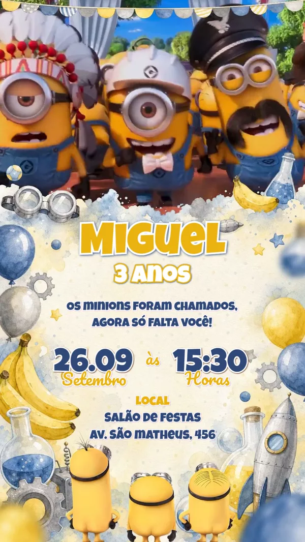 Convite Animado Aniversário Minions Aquarela Para Editar Online