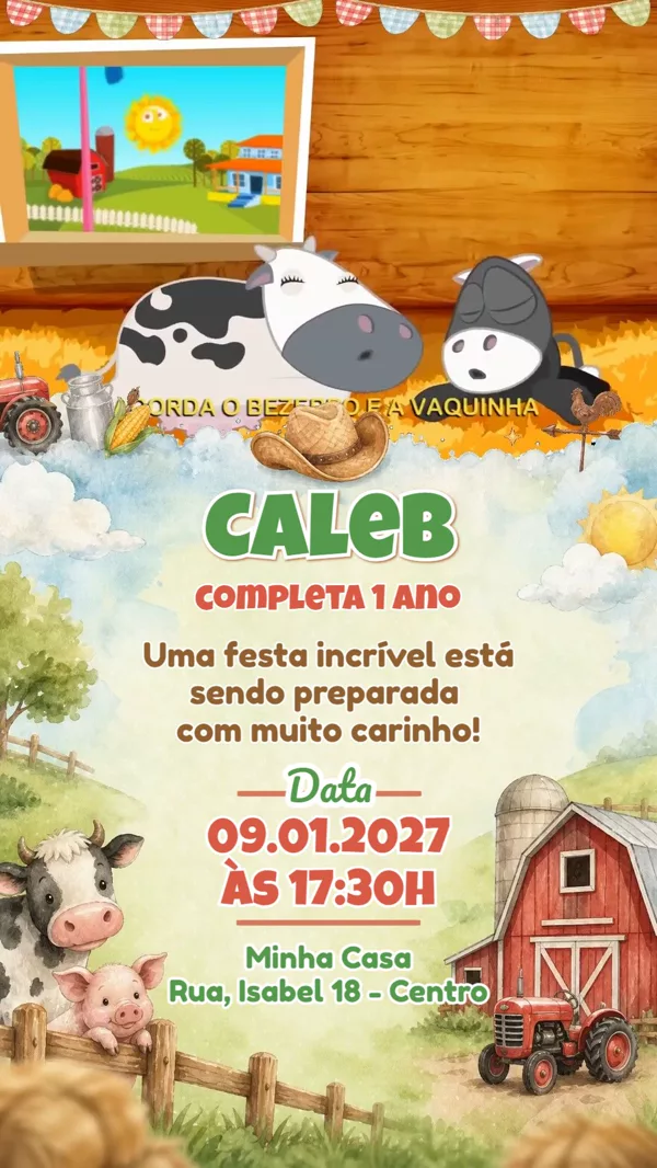 Convite Animado Aniversário Fazendinha Vaquinha Para Editar Online