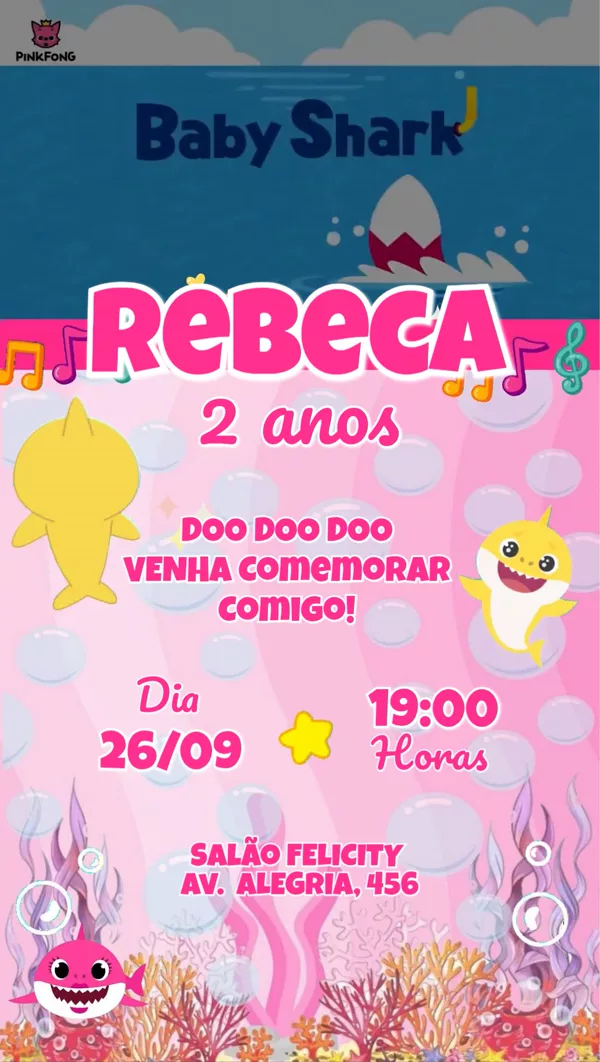 Convite Animado Aniversário Baby Shark Menina Para Editar Online