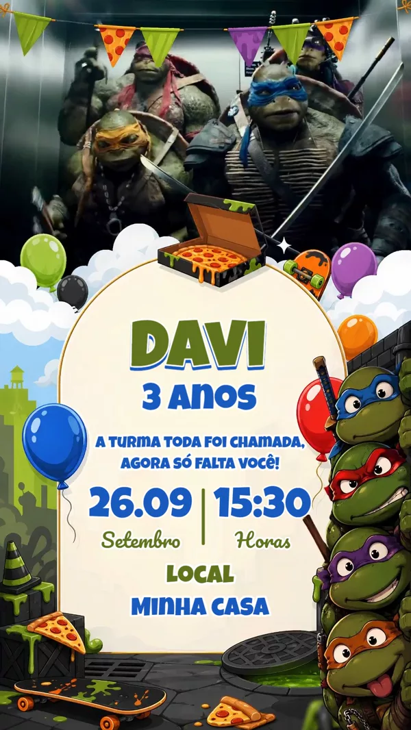 Convite Animado Aniversário Tartarugas Pizza Para Editar Online