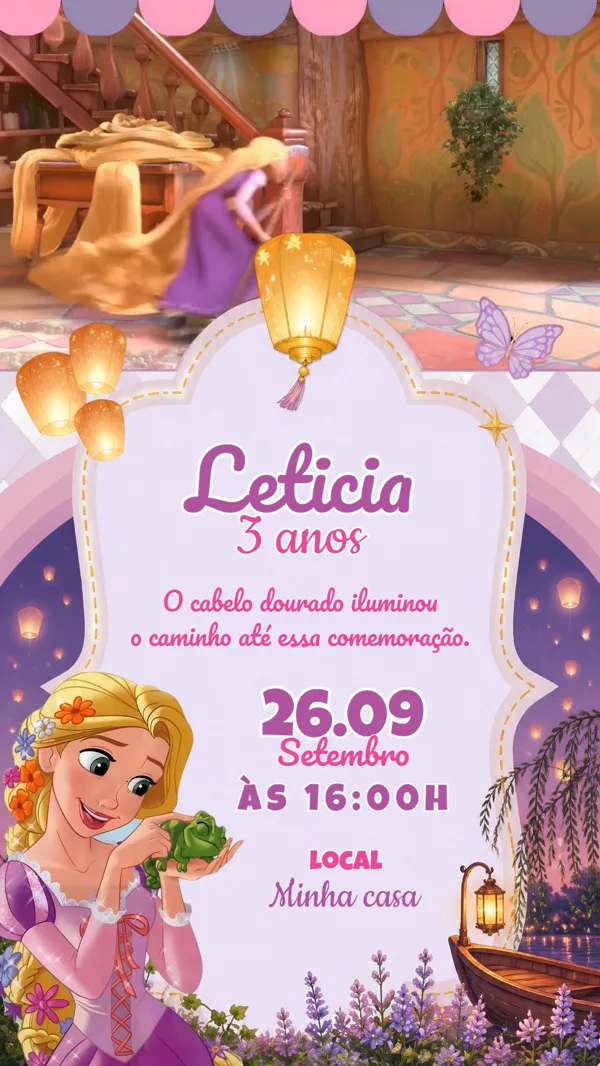 Convite Animado Aniversário Rapunzel Para Editar Online
