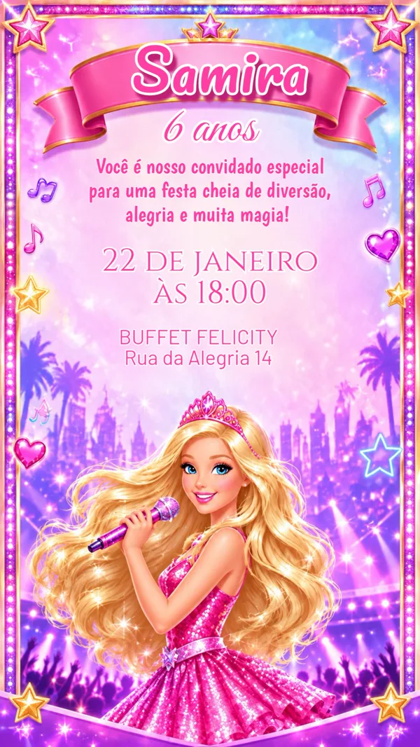 Convite Aniversário Barbie Pop star Para Editar Online