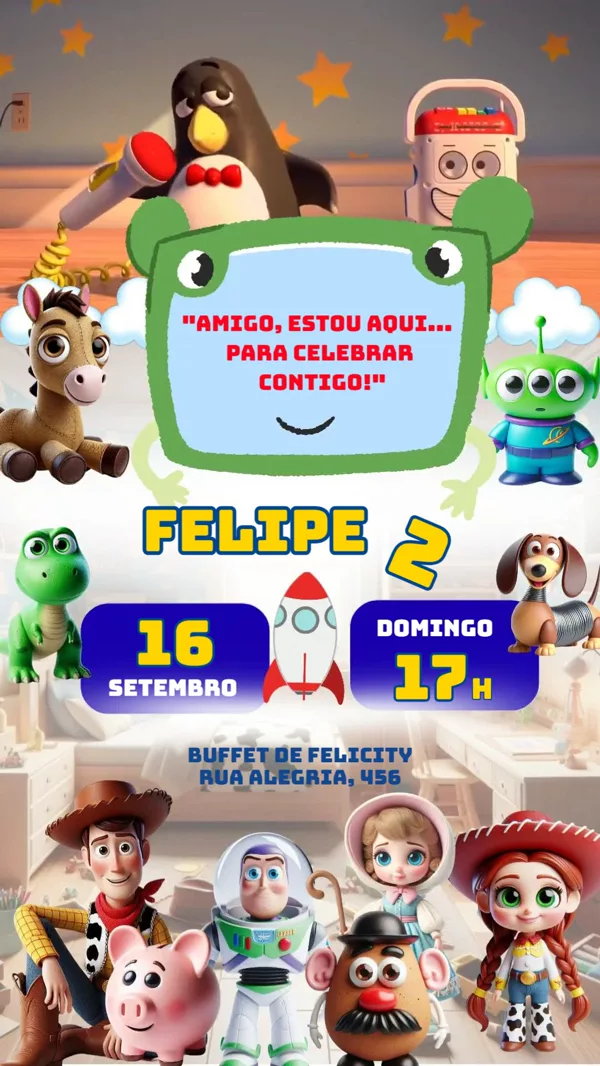 Convite Animado Aniversário Toy Story Amigos Para Editar Online