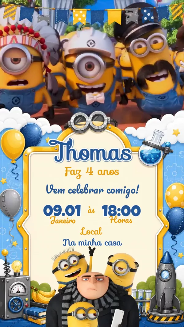Convite Animado Aniversário Minions Laboratório Para Editar Online