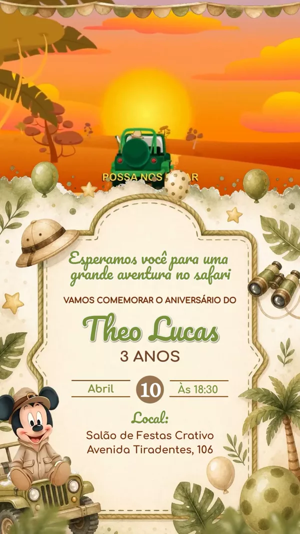 Convite Animado Aniversário Safari Mickey Baby Para Editar Online