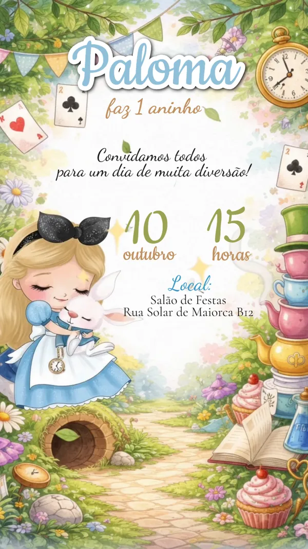 Convite Animado Aniversário Alice Coelho Jardim Para Editar Online