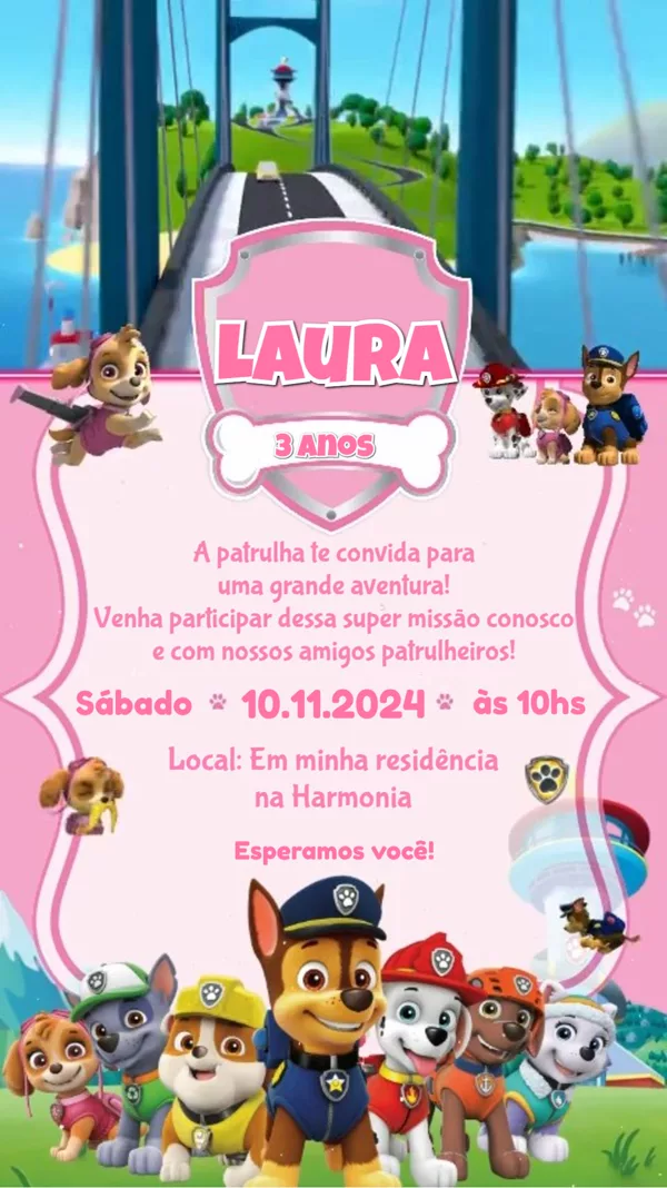Convite Animado Aniversário Patrulha Canina Rosa Para Editar Online