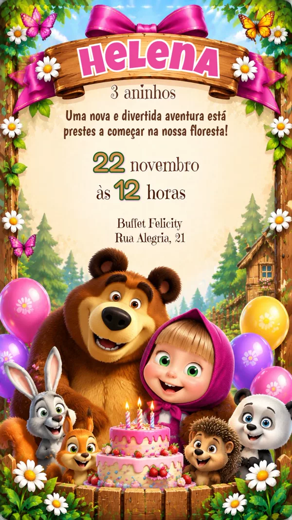 Convite Aniversário Masha e o Urso Floresta Para Editar Online