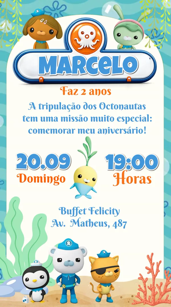 Convite Aniversário Octonautas Fundo do Mar Para Editar Online