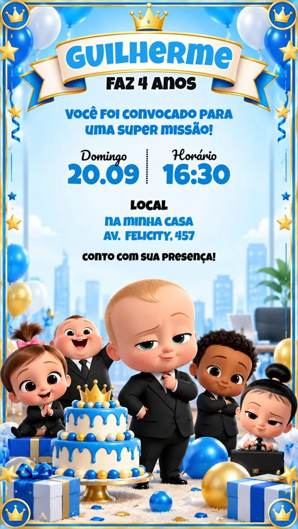 Convite Aniversário Poderoso Chefinho Azul Para Editar Online