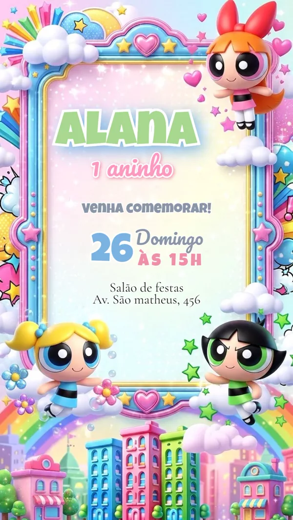 Convite Animado Aniversário Meninas Superpoderosas Para Editar Online