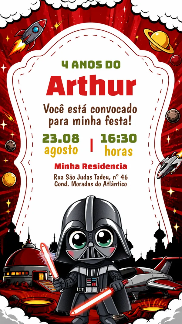 Convite Aniversário Star Wars Darth Vader Para Editar Online