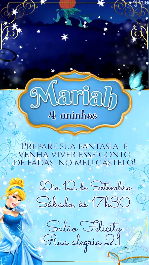 Convite Animado Aniversário Cinderela Castelo Azul Para Editar Online