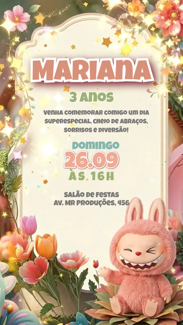 Convite Animado Aniversário Labubu Rosa Floral Para Editar Online