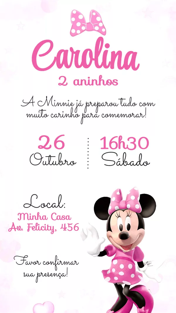 Convite Animado Aniversário Minnie Rosa Para Editar Online