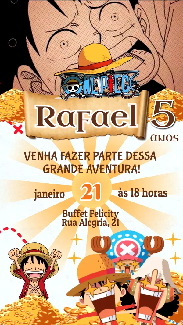Convite Animado Aniversário One Piece Luffy Para Editar Online