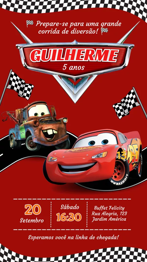 Convite Aniversário Carros Relâmpago Mcqueen Para Editar Online