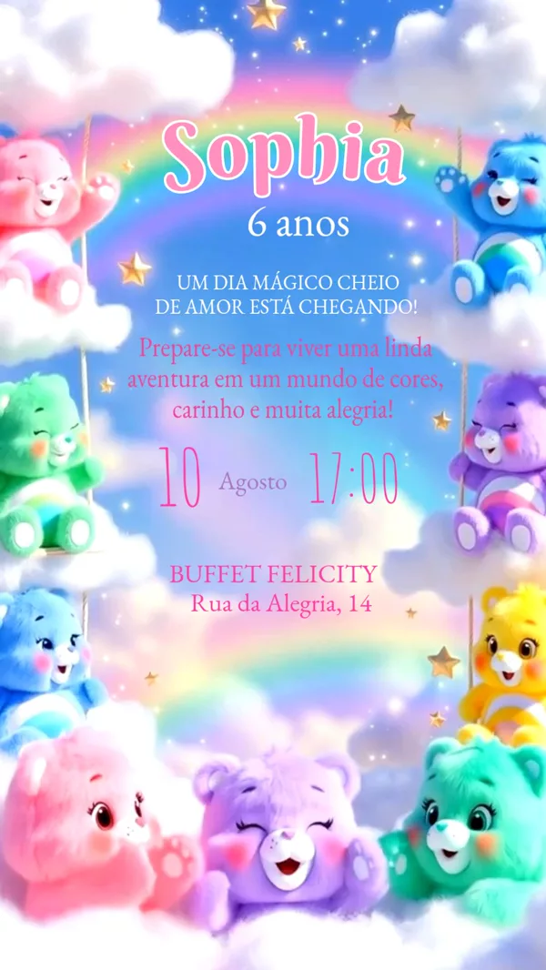 Convite Animado Aniversário Ursinhos Arco-íris Para Editar Online