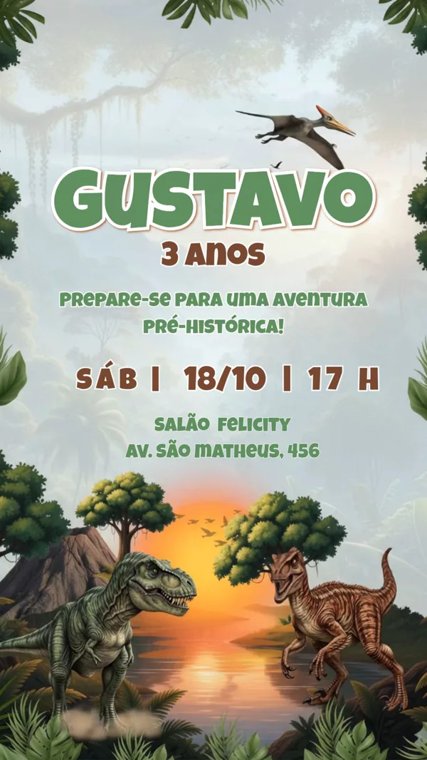 Convite Animado Aniversário Dinossauro Para Editar Online