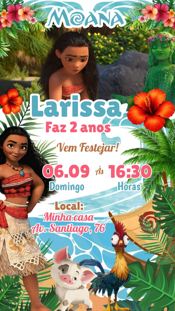 Convite Animado Aniversário Moana Praia Tropical Para Editar Online