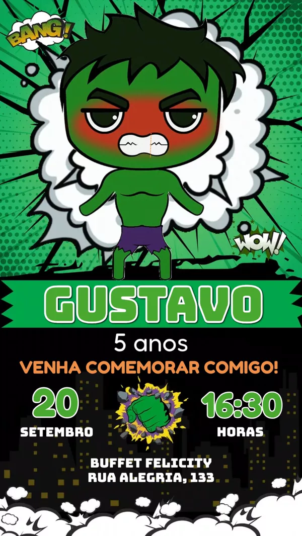 Convite Animado Aniversário Hulk Para Editar Online