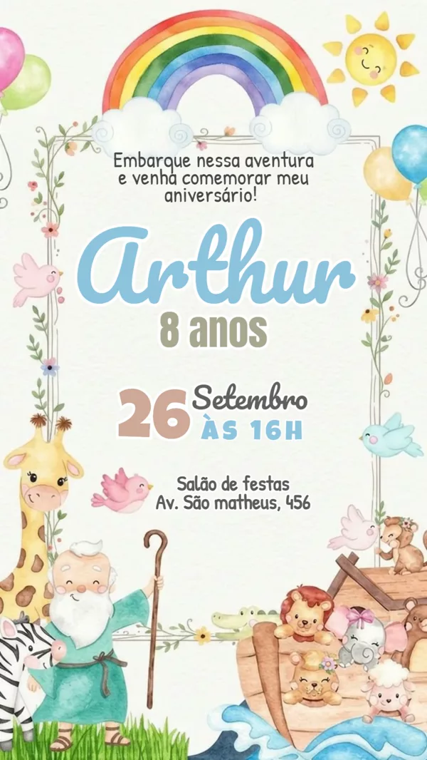 Convite Animado Aniversário Arca de Noé Arco-Íris Para Editar Online