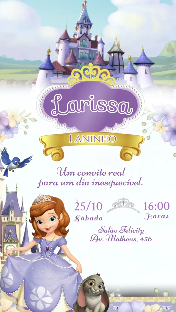 Convite Animado Aniversário Princesa Sofia Para Editar Online