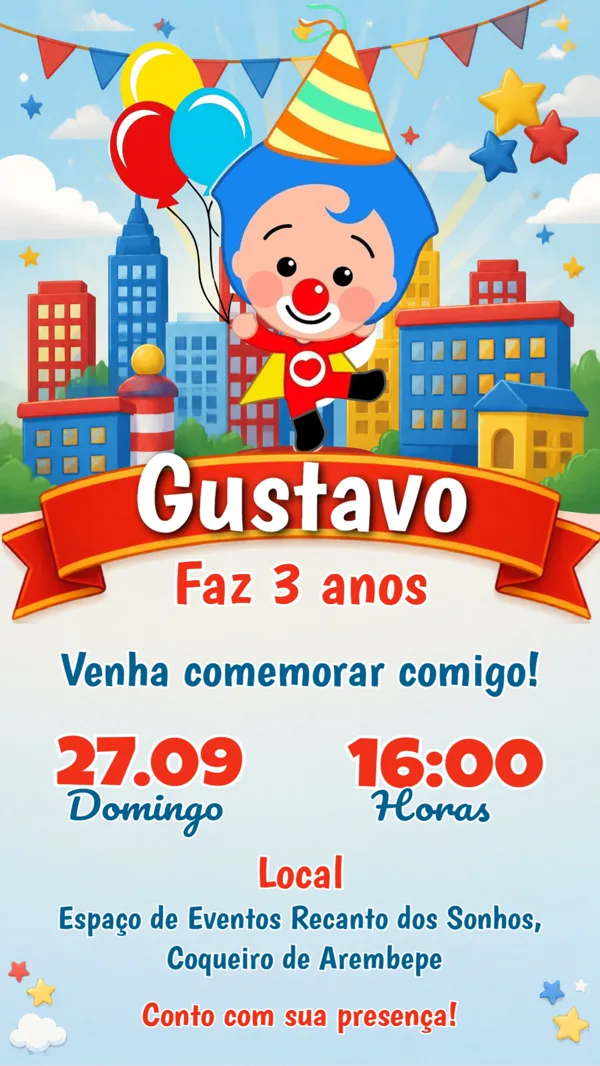 Convite Aniversário Palhaço Plim Plim Para Editar Online