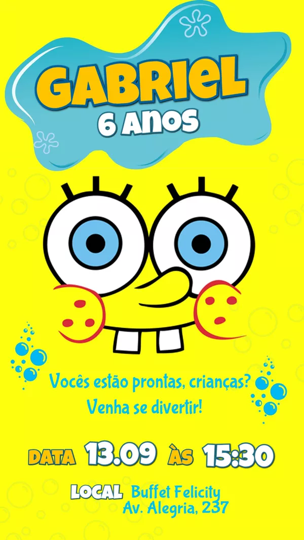 Convite Aniversário Bob Esponja Amarelo Para Editar Online