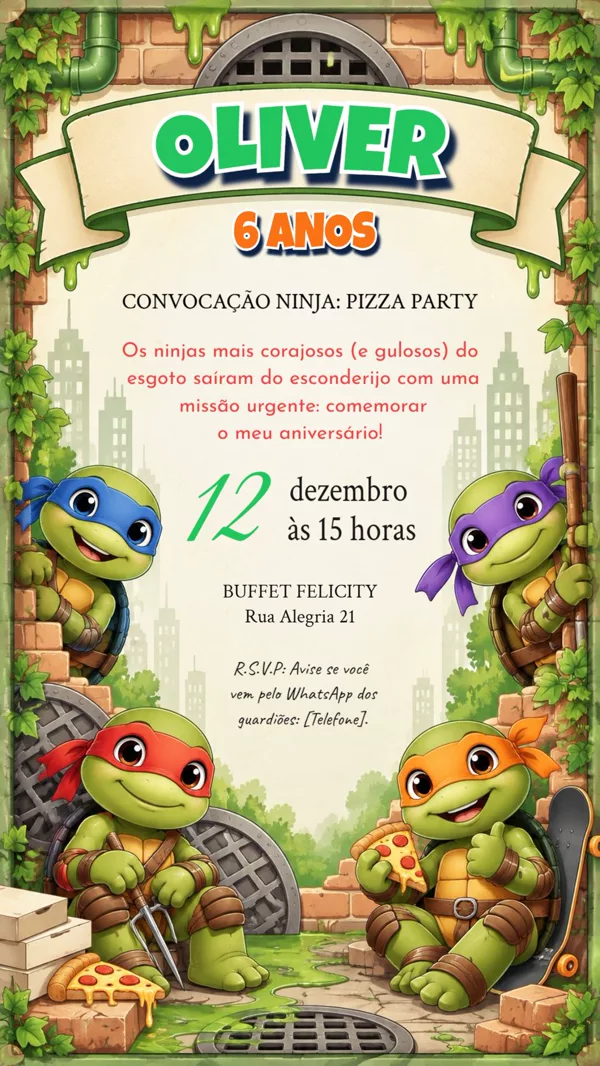 Convite Aniversário Tartarugas Ninjas Para Editar Online