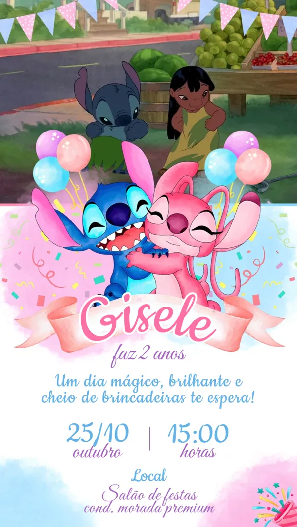 Convite Animado Aniversário Stitch e Angel Para Editar Online