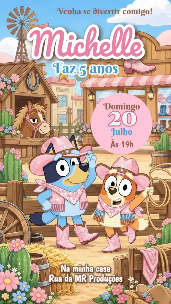 Convite Animado Aniversário Bluey Country Cowgirl Para Editar Online