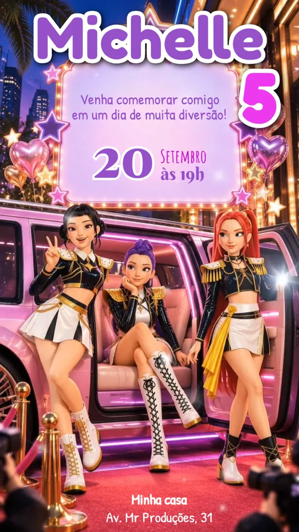 Convite Animado Aniversário Guerreiras do K-Pop Para Editar Online