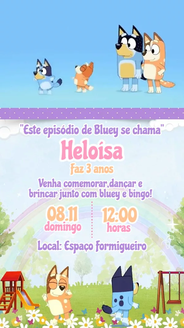 Convite Animado Aniversário Bluey Arco-íris Para Editar Online