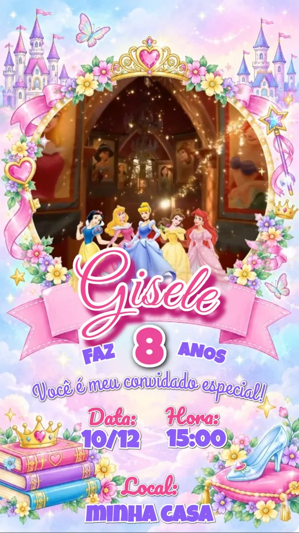 Convite Animado Aniversário Princesas Castelo Rosa Para Editar Online