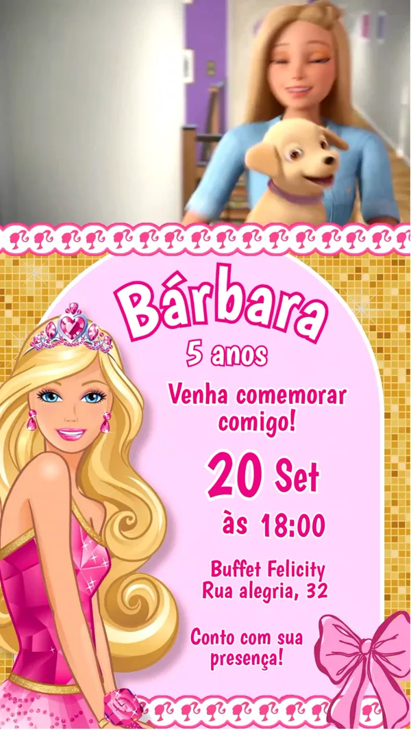 Convite Animado Aniversário Barbie Dourado Glitter Para Editar Online