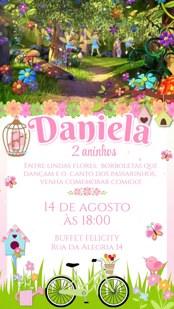 Convite Animado Aniversário Jardim Fadas Para Editar Online